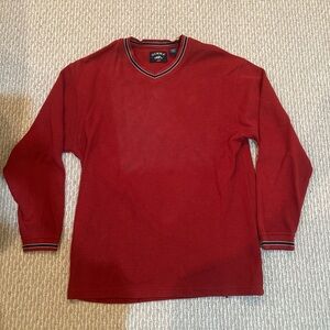 Red V-Neck Sweater with Striped Trim